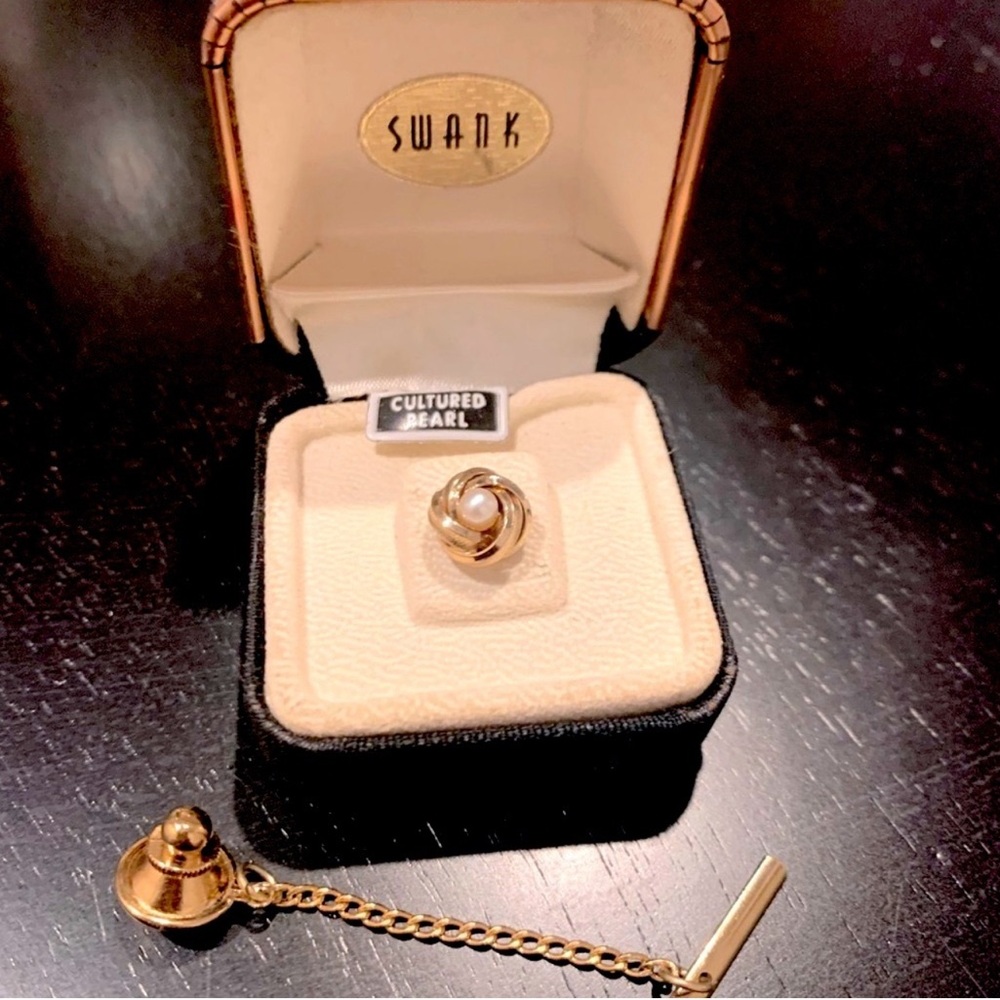 SWANK Cultured Pearl Tie Tack in Original Case. Vintage